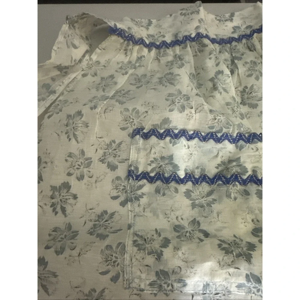 Handmade White Linen Apron Blue Floral‎ Embroidery Adjustable Tie Waist